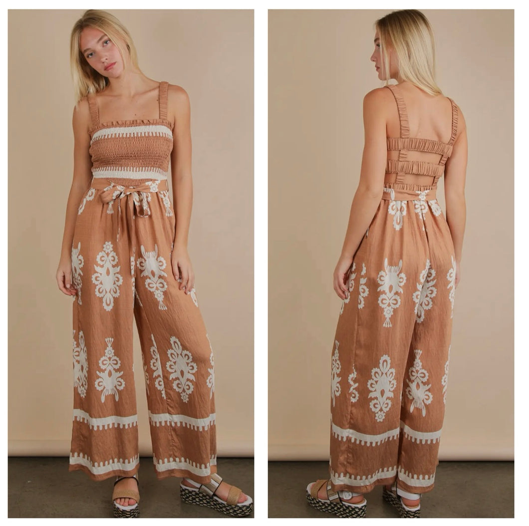 Saddle brown & cream medallion jumpsuit