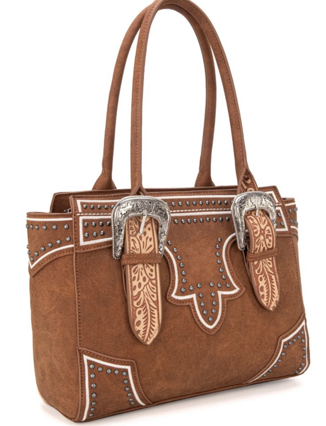 Brown buckle purse with tooled accent Montana west
