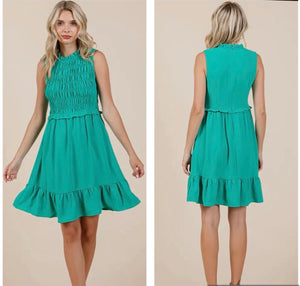 Teal scrunch top knee length dress