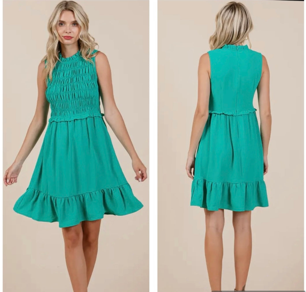 Teal scrunch top knee length dress