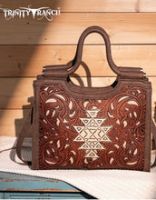 Load image into Gallery viewer, Brown &amp; cream tooled Aztec embossed handbag by Trinity Ranch
