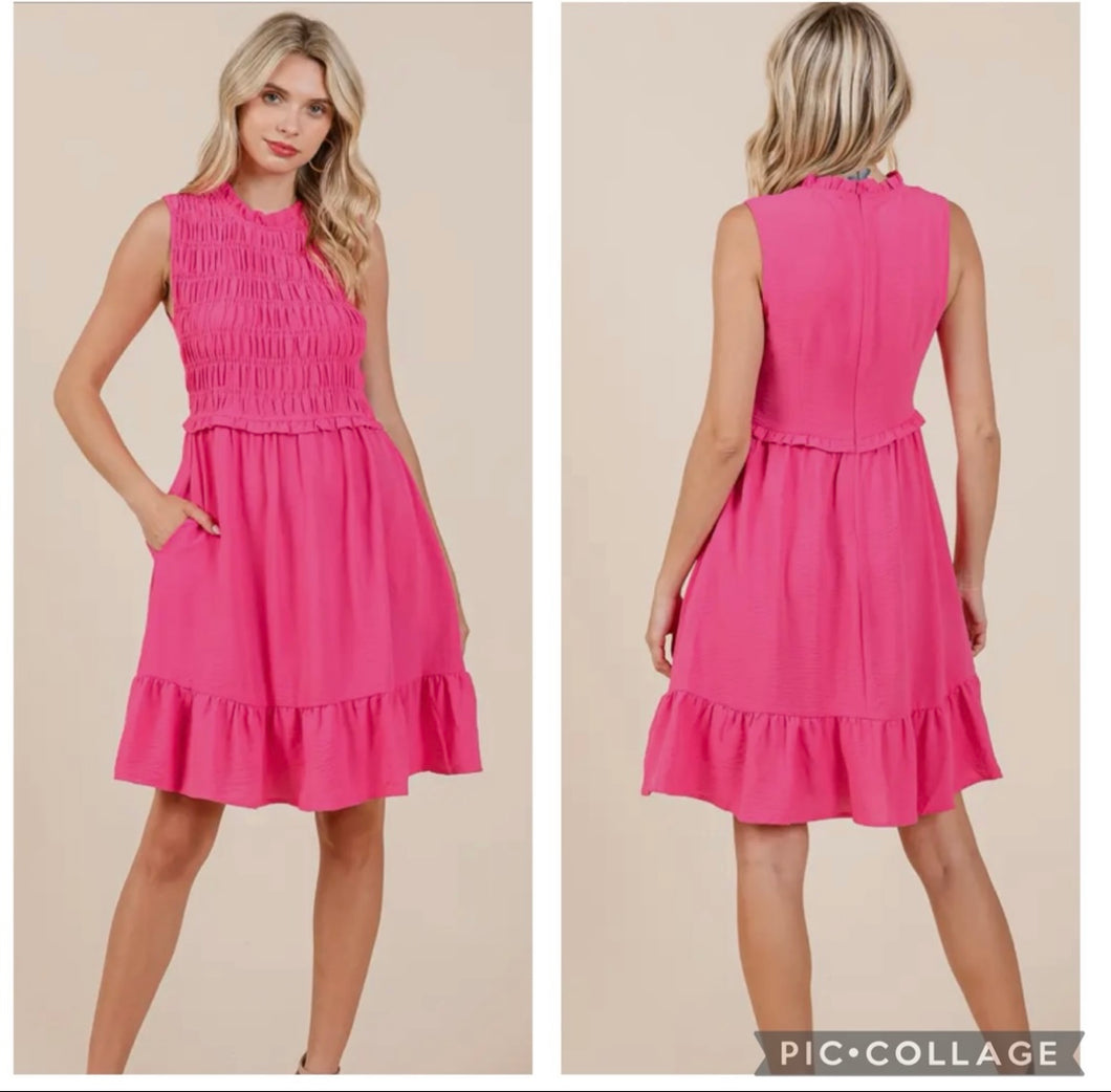 Hot pink scrunch top knee length dress