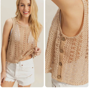 Tan knit crotchet tank with button accent on the side
