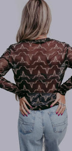 Black & mocha steer head mesh long sleeve top