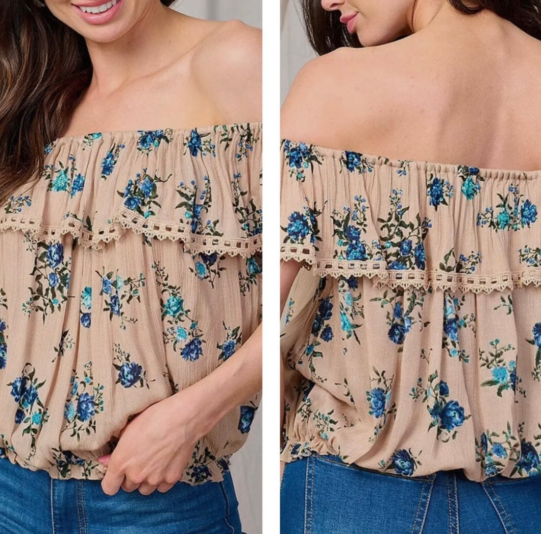 Mocha with navy & blue floral short sleeve top