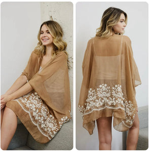 Mocha with cream embroidered floral kimono