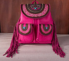 Load image into Gallery viewer, Hot pink floral embroidered backpack with fringe by Montana west
