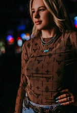 Load image into Gallery viewer, Brown with black Aztec &amp; steer head mesh long sleeve top
