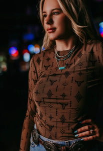 Brown with black Aztec & steer head mesh long sleeve top
