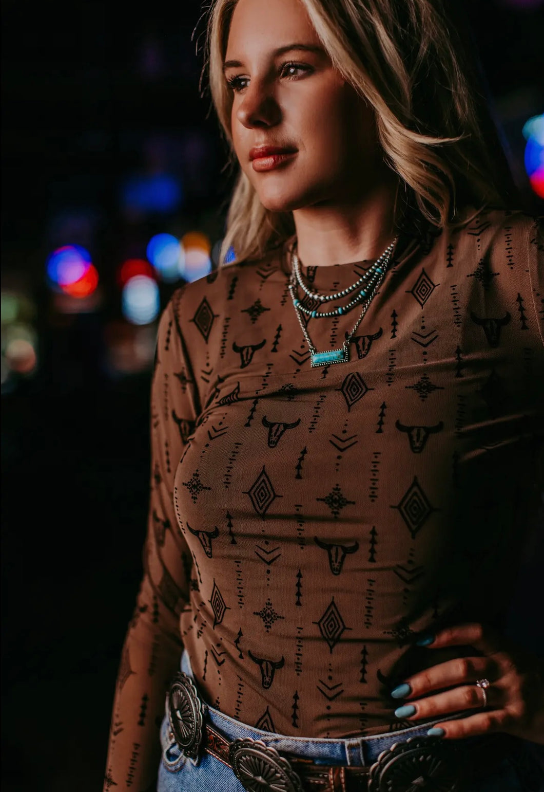 Brown with black Aztec & steer head mesh long sleeve top
