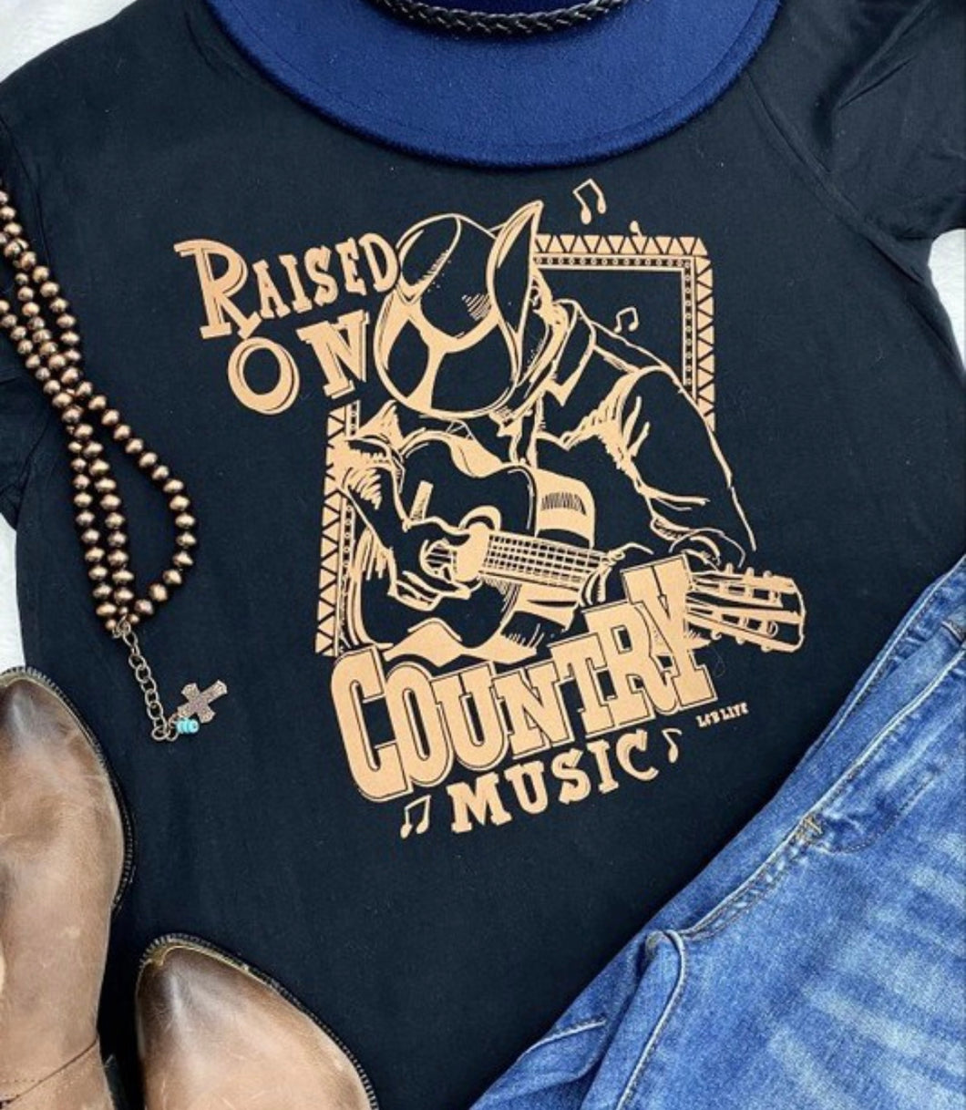Black & mocha raised on country music t-shirt