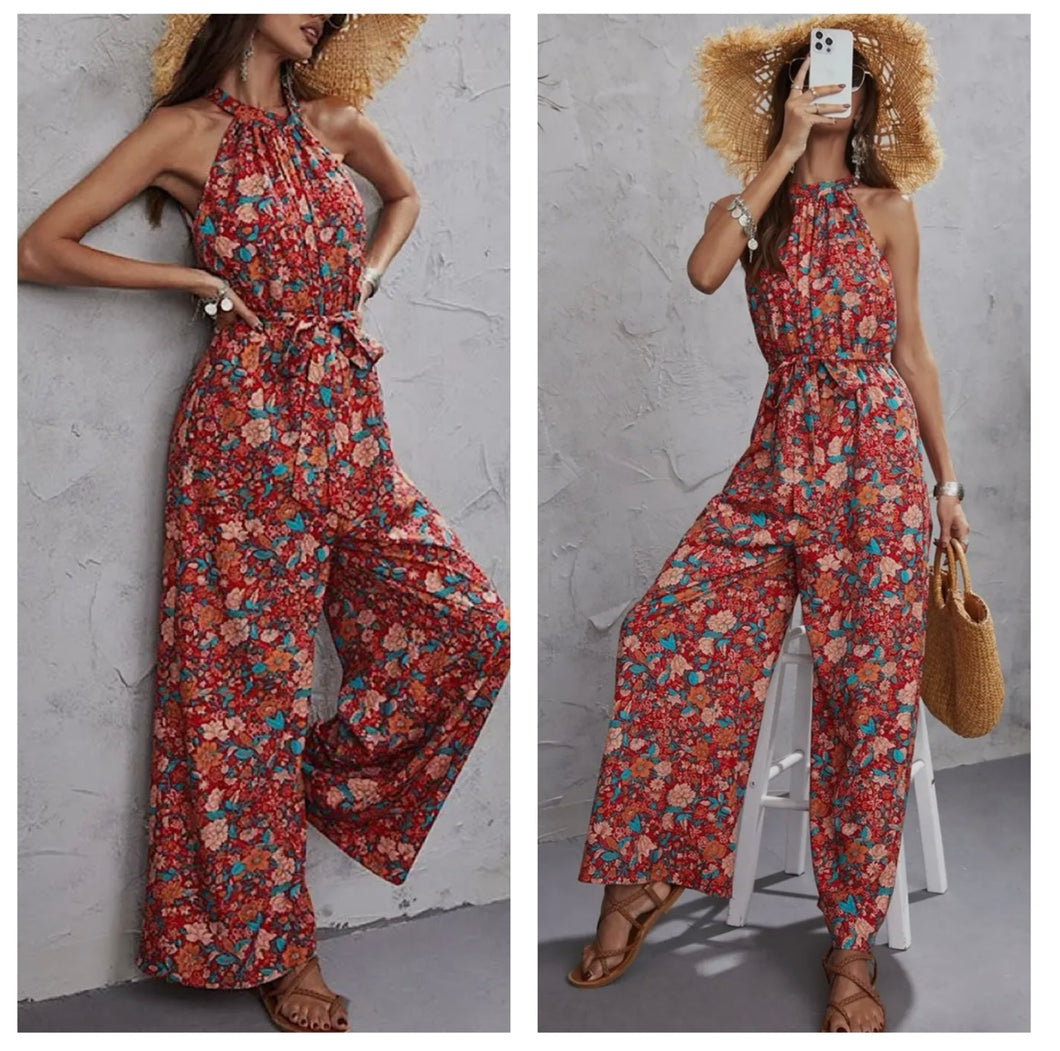 Red & teal multi floral jumpsuit