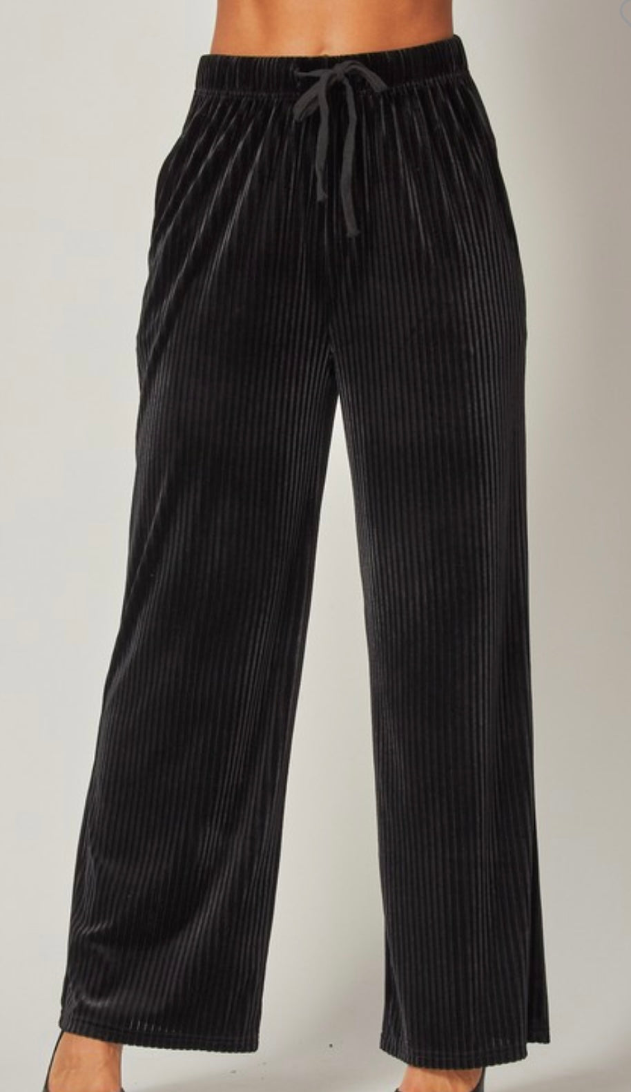 Black velvet ribbed palazzo pants