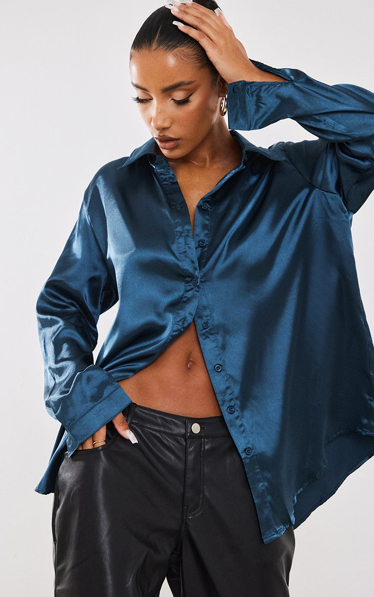 Dark teal satin button front long sleeve top