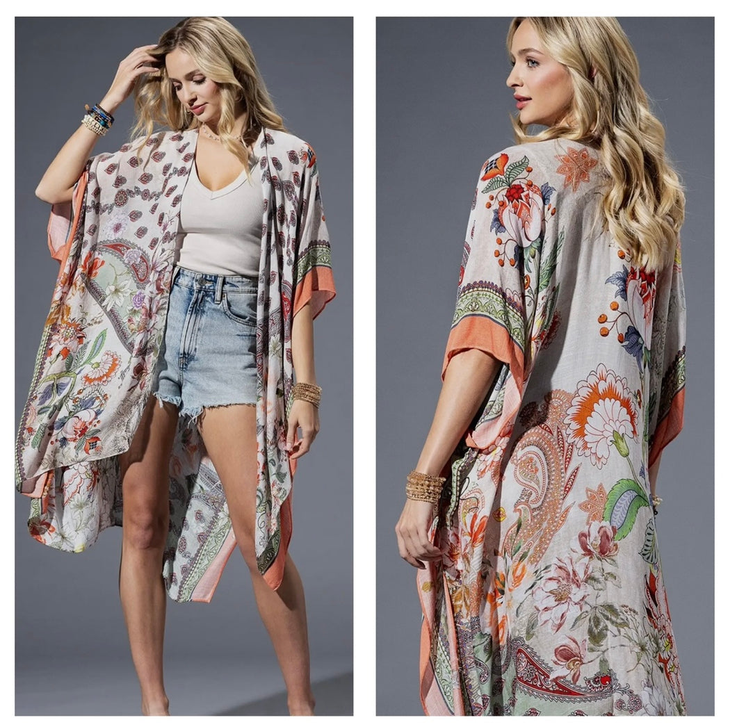 Ivory, coral & green multi floral paisley kimono