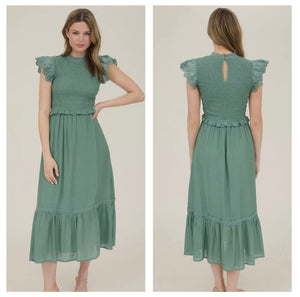 Smocked Moss Green Eyelet Midi Dress