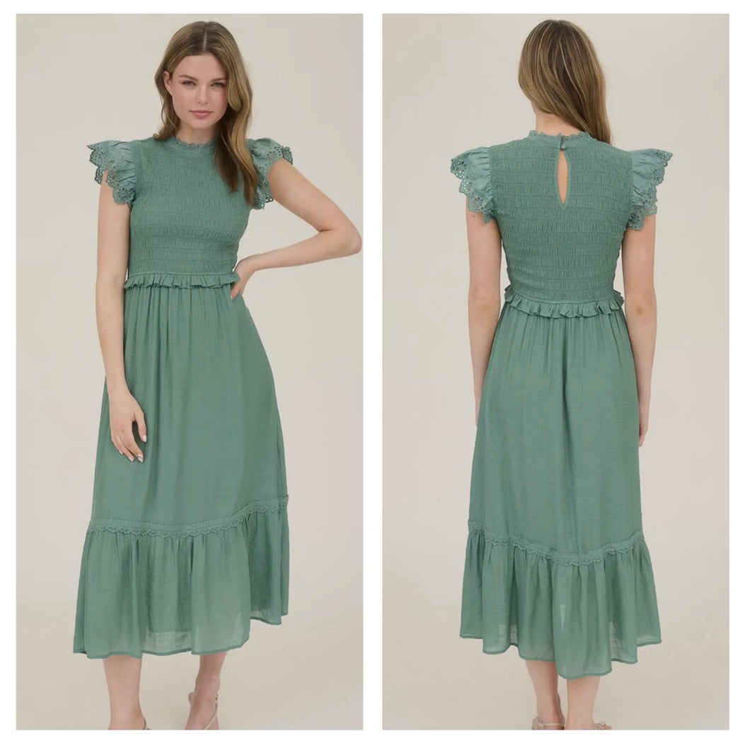 Smocked Moss Green Eyelet Midi Dress