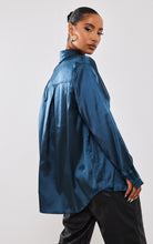 Load image into Gallery viewer, Dark teal satin button front long sleeve top
