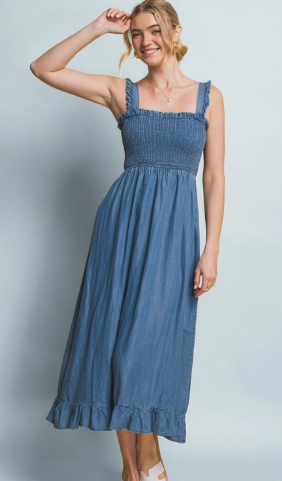 Medium denim tank dress with scrunch