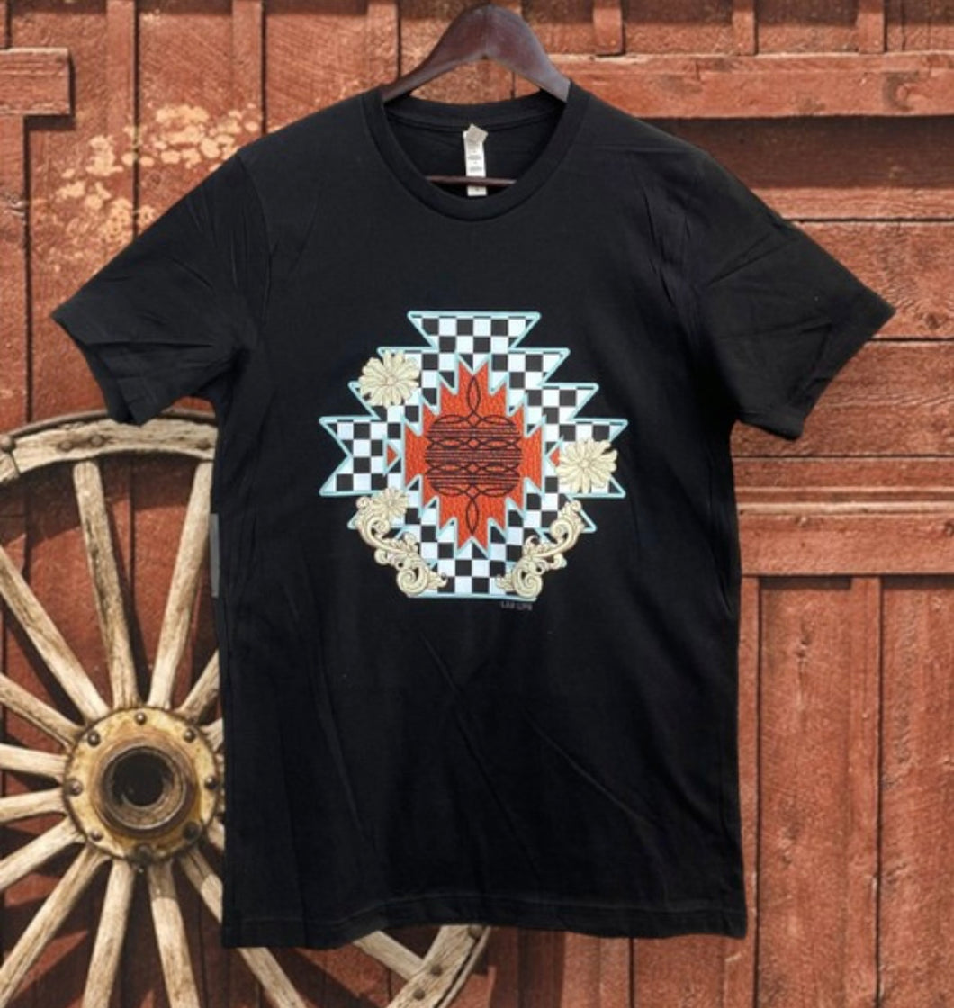 Black with rust & multi checkered aztec boot stitch t-shirt