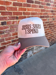 Ivory & Mocha Jesus Saves I Spend embroidered hat
