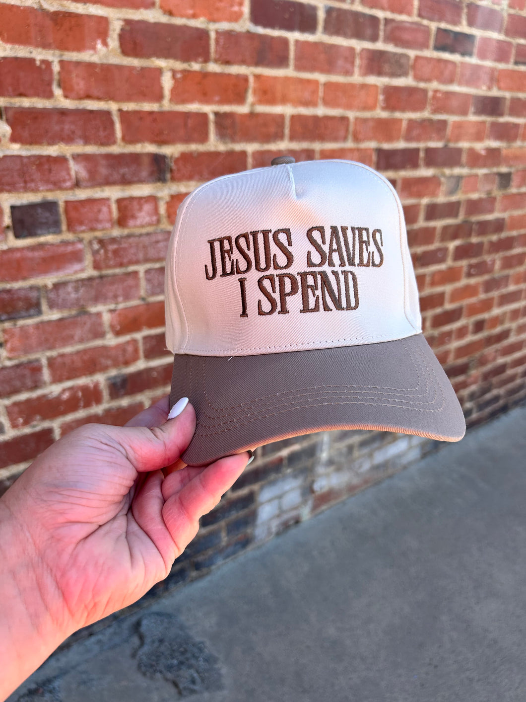 Ivory & Mocha Jesus Saves I Spend embroidered hat