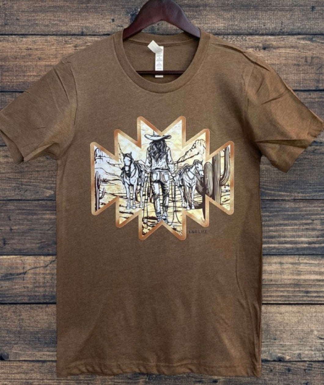 Brown & mocha cowgirl scene Aztec t-shirt