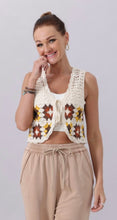 Load image into Gallery viewer, Cream &amp; fall colored crotchet vest with tie front
