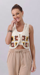 Cream & fall colored crotchet vest with tie front
