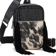 Load image into Gallery viewer, Black &amp; white tooled cowhide sling Trinity Ranch
