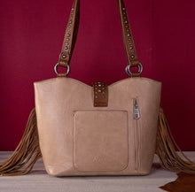 Load image into Gallery viewer, Tan, pink &amp; saddle brown boot stitch embroidered fringe purse by Montana west
