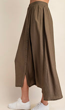 Load image into Gallery viewer, Army Green linen flowy maxi skirt with button accent
