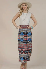 Load image into Gallery viewer, Black, burnt red, taupe &amp; blue Aztec western skirt
