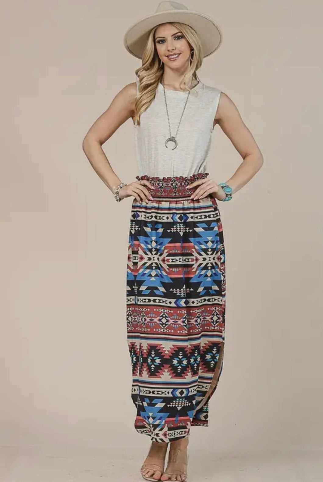 Black, burnt red, taupe & blue Aztec western skirt