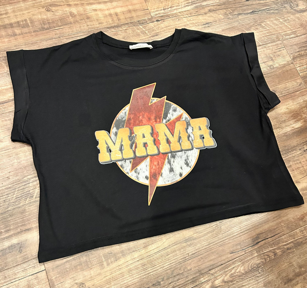 Black cow print mama t-shirt with lightning bolt
