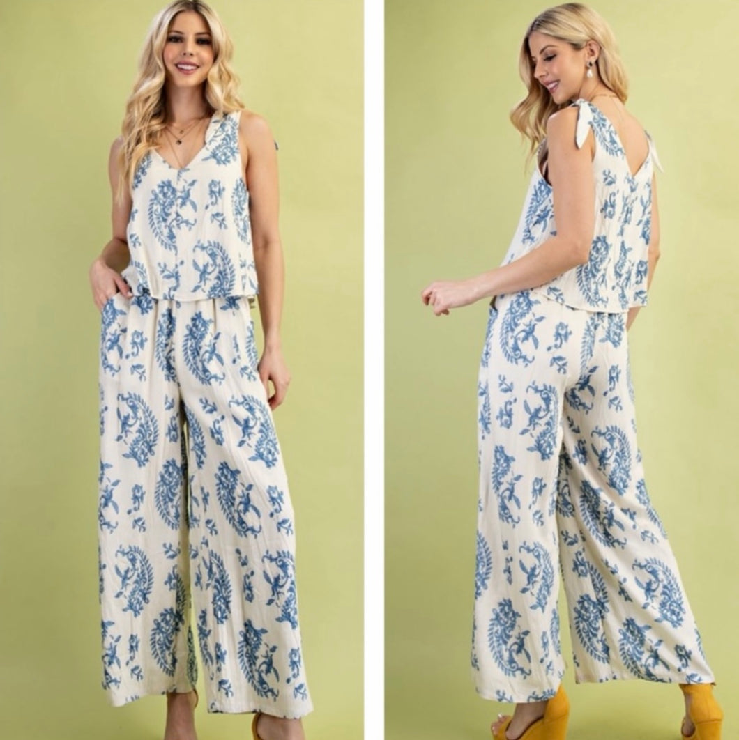 Cream & Blue Paisley Jumpsuit