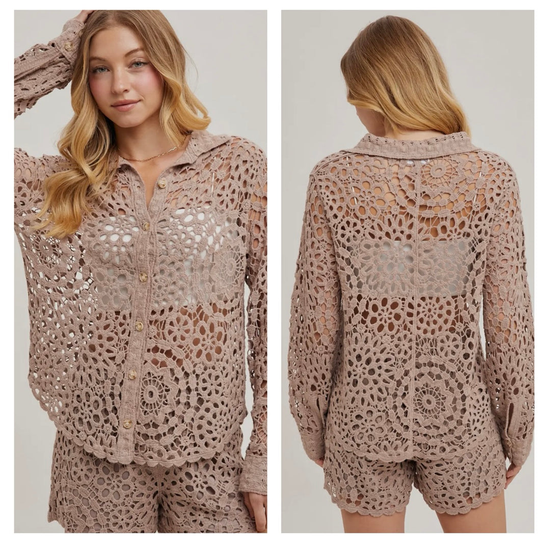 Mocha open knit crotchet button up long sleeve top