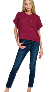 Burgundy sweater knit short sleeve top