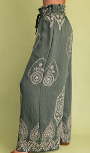 Olive & mocha embroidered medallion palazzo pants
