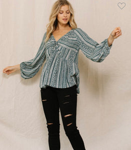 Hunter Green & Cream floral long sleeve top