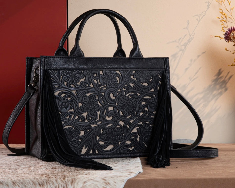 Black & cream tooled fringe purse by Trinity Ranch