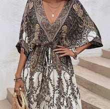 Load image into Gallery viewer, Cream, mocha &amp; black paisley dress
