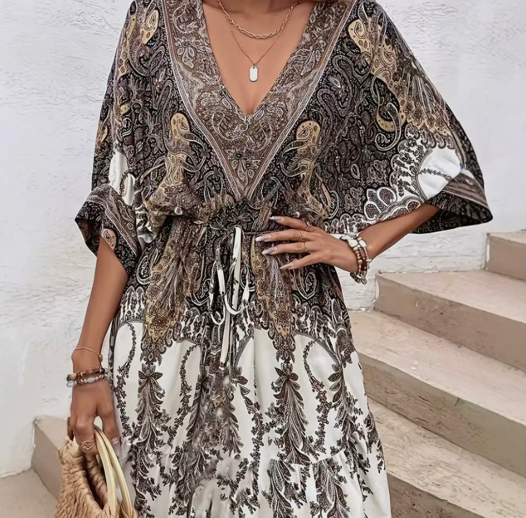 Cream, mocha & black paisley dress