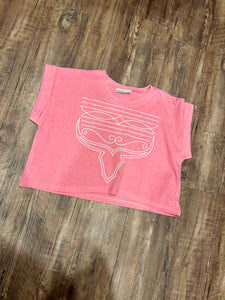 Bubble gum pink with white steer-head boot-stitch t-shirt
