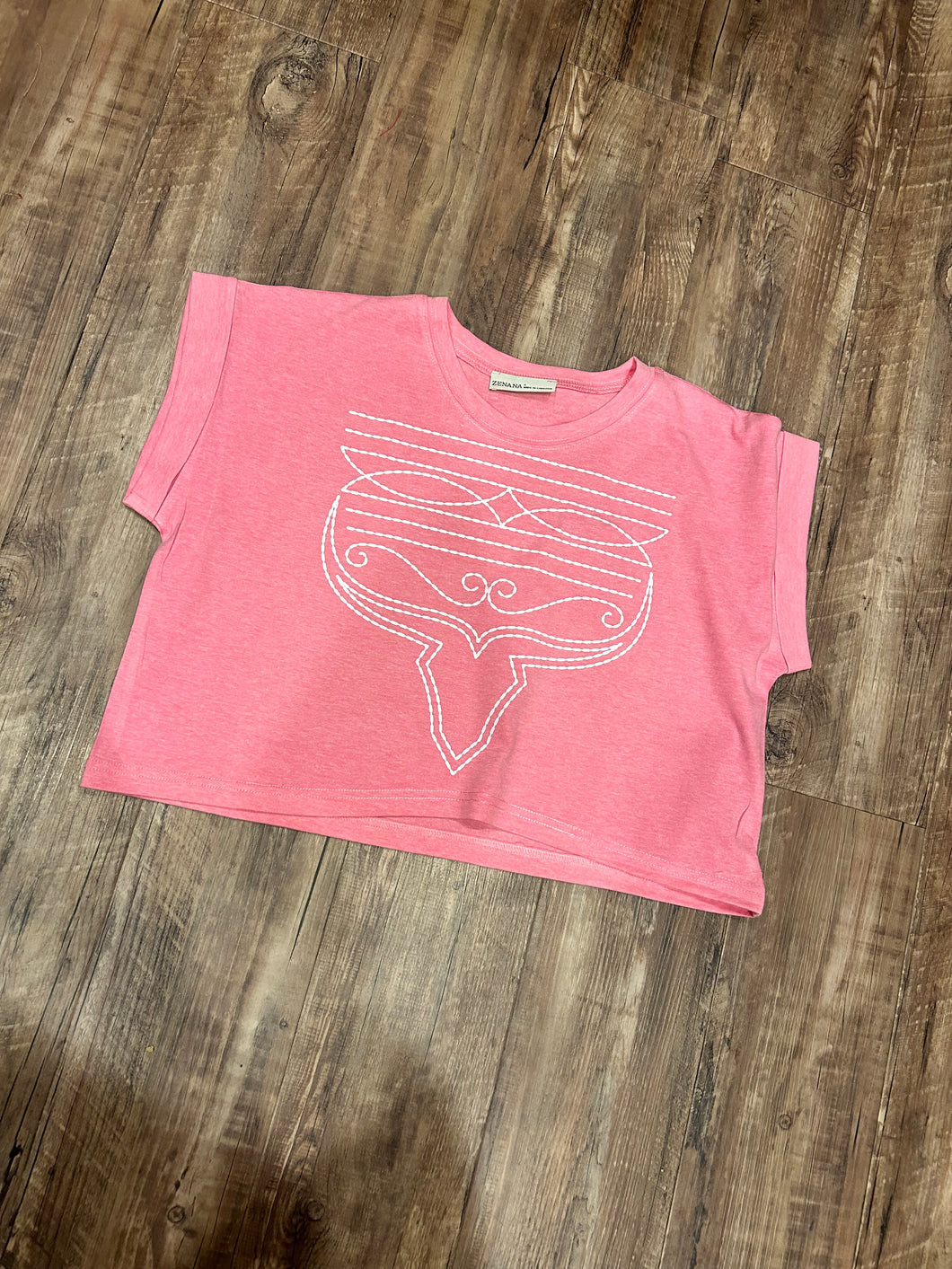 Bubble gum pink with white steer-head boot-stitch t-shirt
