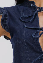Load image into Gallery viewer, Dark denim vest with ruffle edge &amp; triple bow accent

