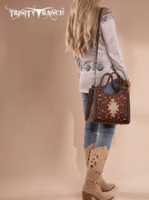 Load image into Gallery viewer, Brown &amp; cream tooled Aztec embossed handbag by Trinity Ranch
