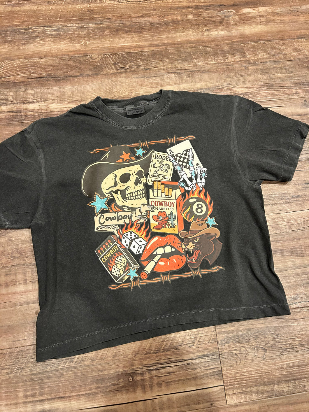 Cowboy skull, Cowboy cigarettes, eight ball western collage t-shirt