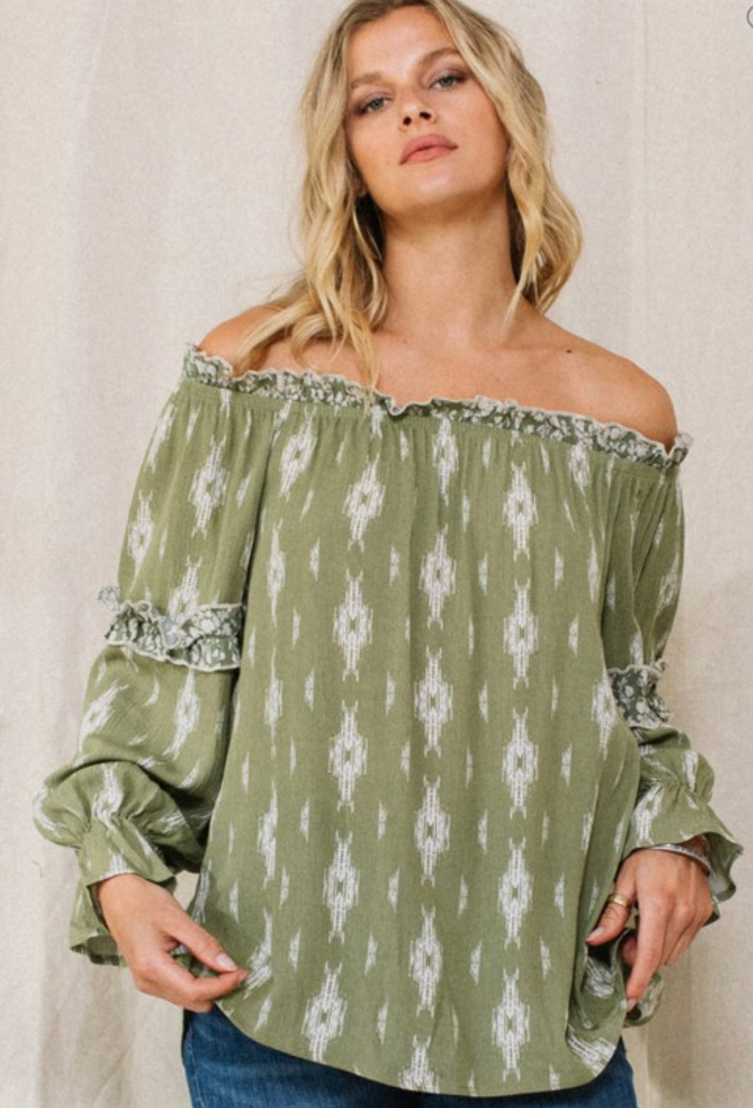 Olive green & ivory Aztec long sleeve top