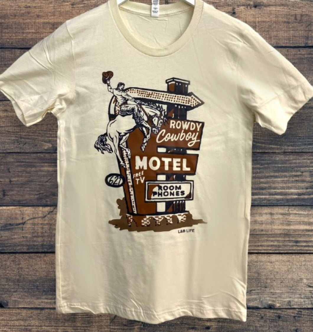 Cream with saddle brown & black “Rowdy Cowboy Motel” t-shirt